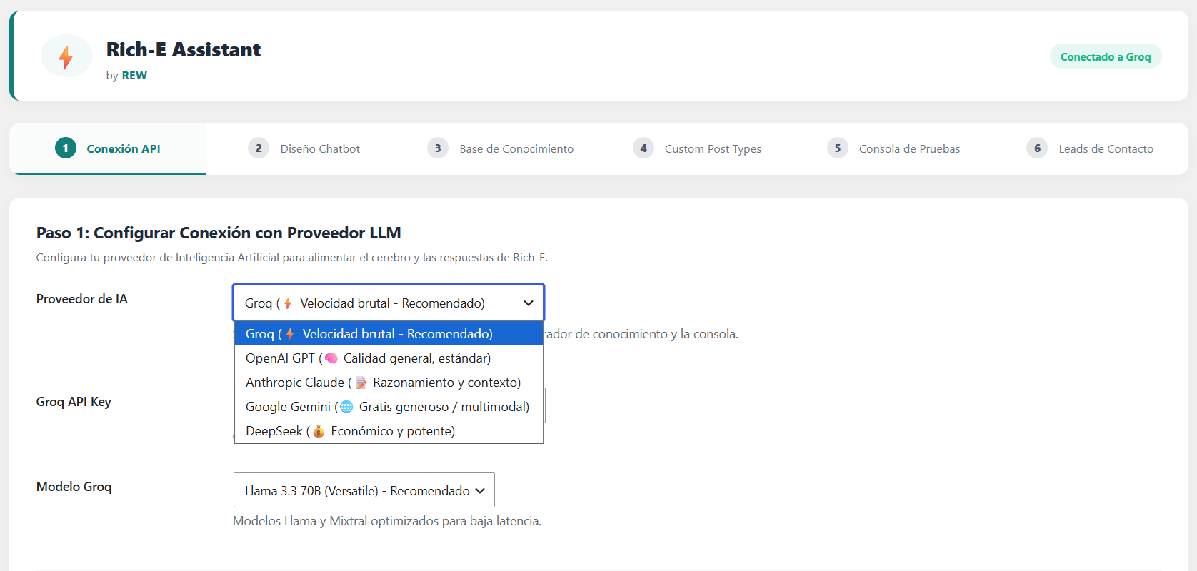 chatbot para wordpress interfaz de configuracion